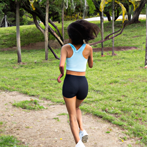 Woman running in a park surrounded by nature